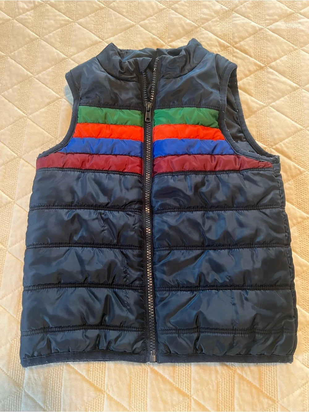 wonder nation Navy Puffer Vest with Green, Orange, Blue & Burgundy Stripes
